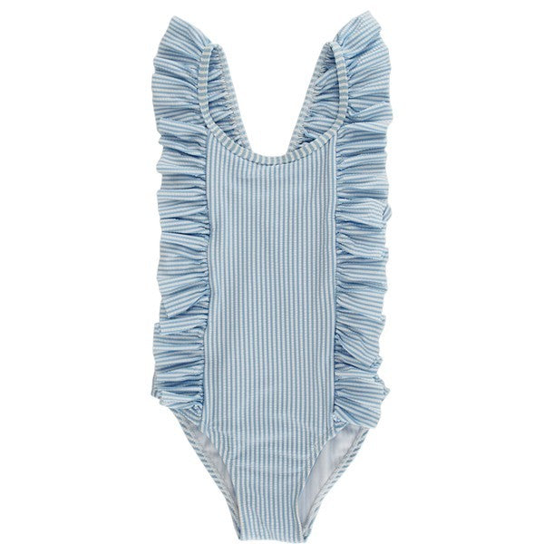 Give your little one a timeless seaside look with our Blue Stripe Seersucker One-Piece Swimsuit! Designed with soft, textured seersucker fabric in classic blue and white stripes, this swimsuit is perfect for summer adventures. The adorable ruffle accents add a playful touch, while the fully lined design ensures all-day comfort and coverage.
