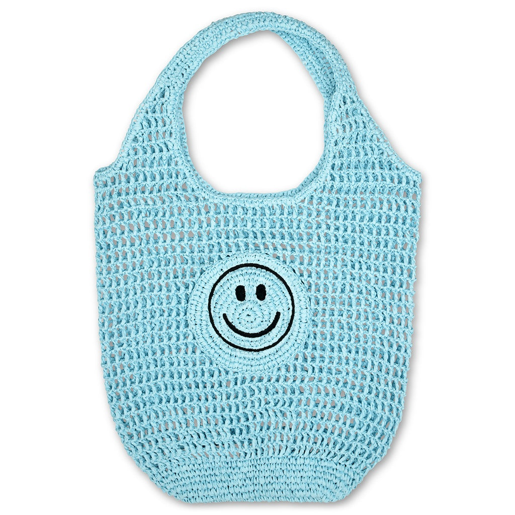 Blue Smiley Face Straw Crochet Tote