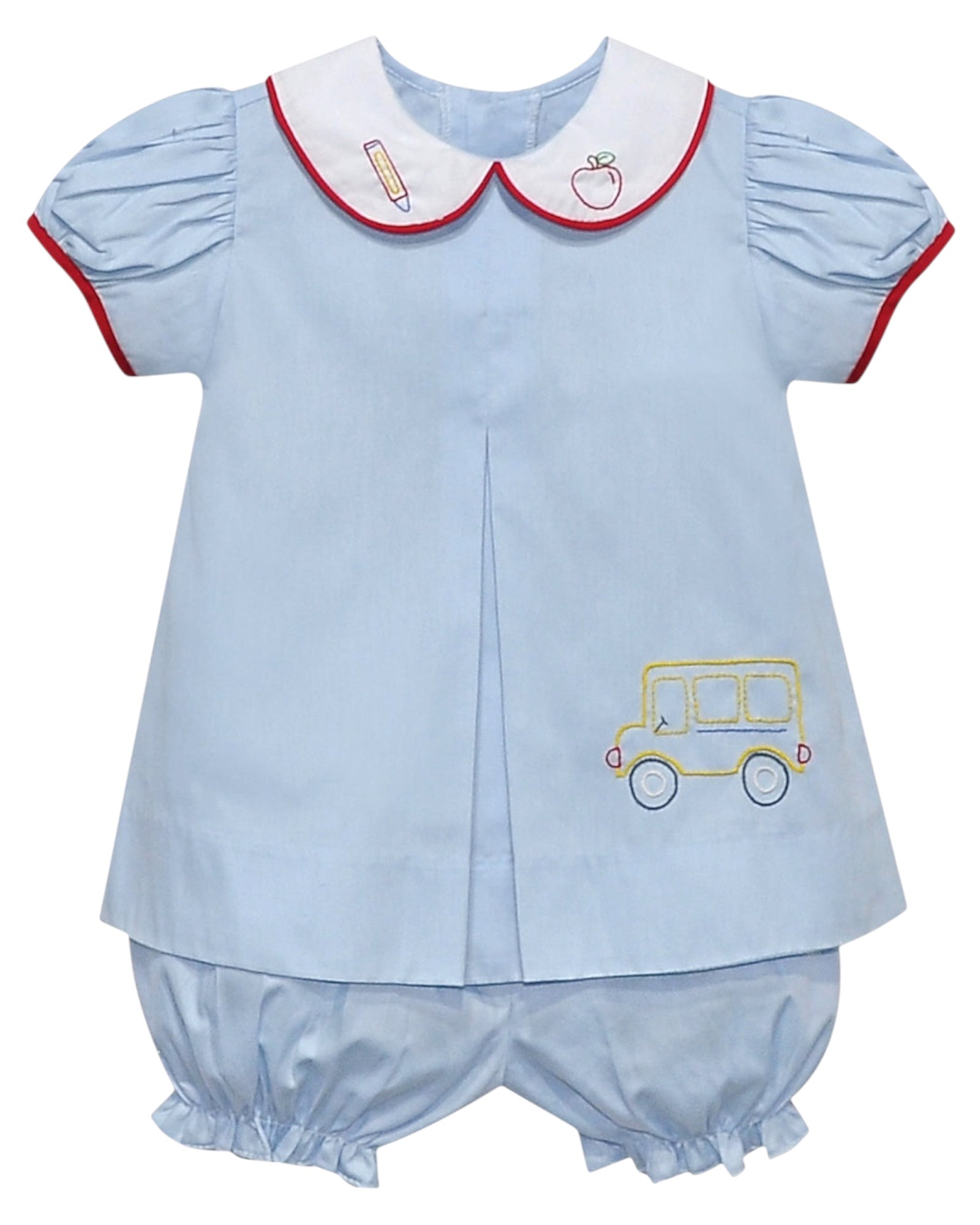 This charming Sydney Blue Bloomer Set is perfect for first day of school adventures. Featuring an embroidered pencil and apple on the classic Peter Pan collar, plus a delightful embroidered school bus detail, it combines playful style with timeless design. Ideal for making memorable school moments even sweeter.