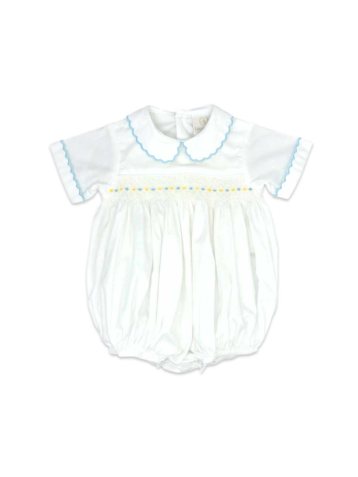 The Beau Bubble is a classic piece designed with heirloom-quality details. Crafted from soft white batiste, this charming outfit features delicate light blue and yellow smocking across the chest. A Peter Pan collar and sleeves piped in light blue add a refined touch, making it perfect for special occasions, portraits, or everyday elegance. Lightweight and breathable, this bubble ensures both comfort and style for your little one.