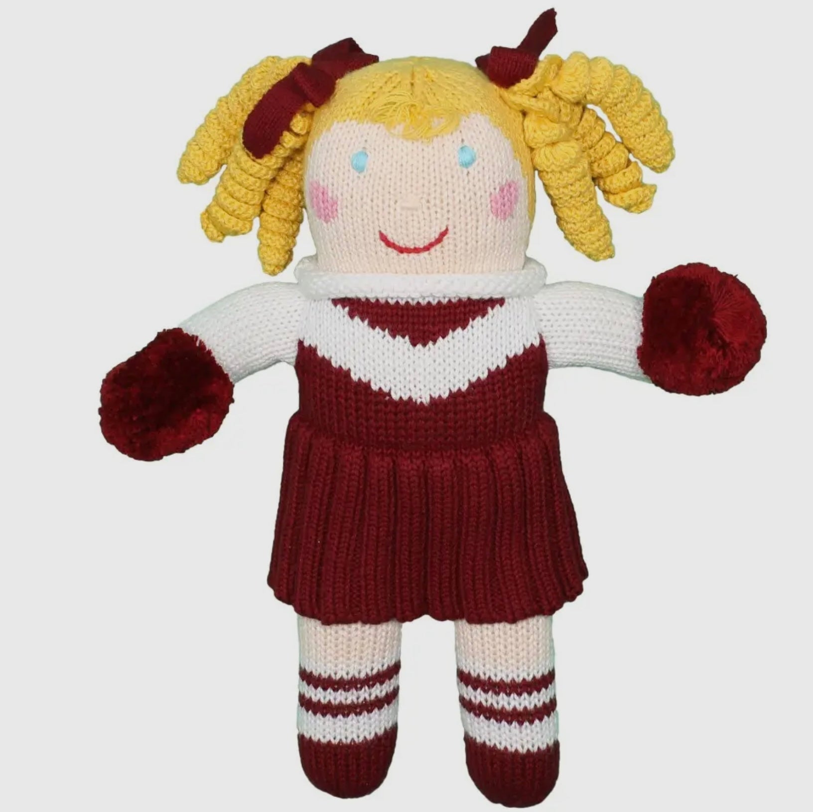 Can I get a "S"! Gimme an "O"! Can I get an "F"! Gimme a "T"!
Zubels knit cheerleader dolls are super soft and cuddly!
Take our knit cheerleader dolls with you to any sporting event to help you cheer on your favorite teams and players! Our hand-knit cheerleader dolls come in 10 different fun team colors so you can show your team spirit!