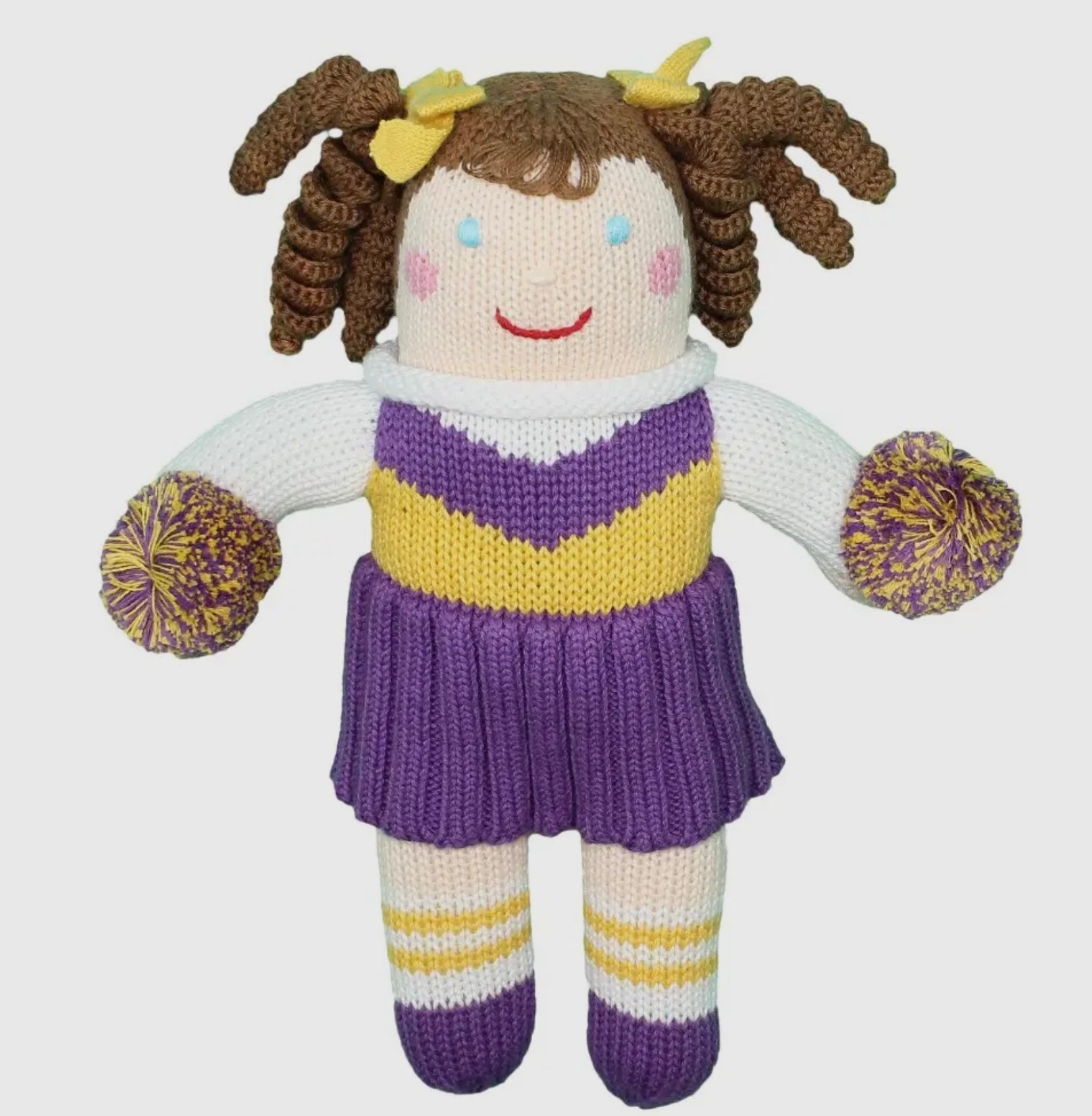 Can I get a "S"! Gimme an "O"! Can I get an "F"! Gimme a "T"!
Zubels knit cheerleader dolls are super soft and cuddly!
Take our knit cheerleader dolls with you to any sporting event to help you cheer on your favorite teams and players! Our hand-knit cheerleader dolls come in 10 different fun team colors so you can show your team spirit!