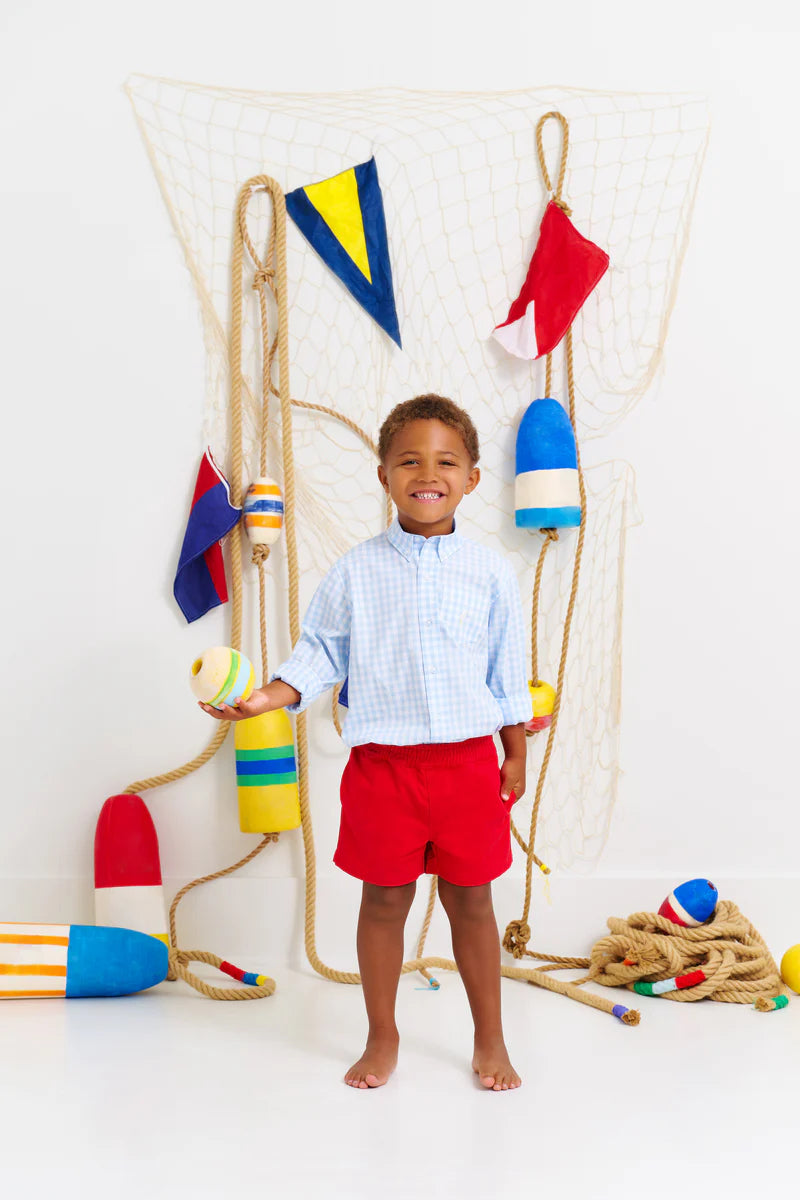 Your handsome little fella is sure to look sharp in the Buckhead Blue Gingham Deans List Dress Shirt. This dapper dress shirt is a spring wardrobe must have. Paired with our Sheffield Shorts! They are a little gent wardrobe staple; he&