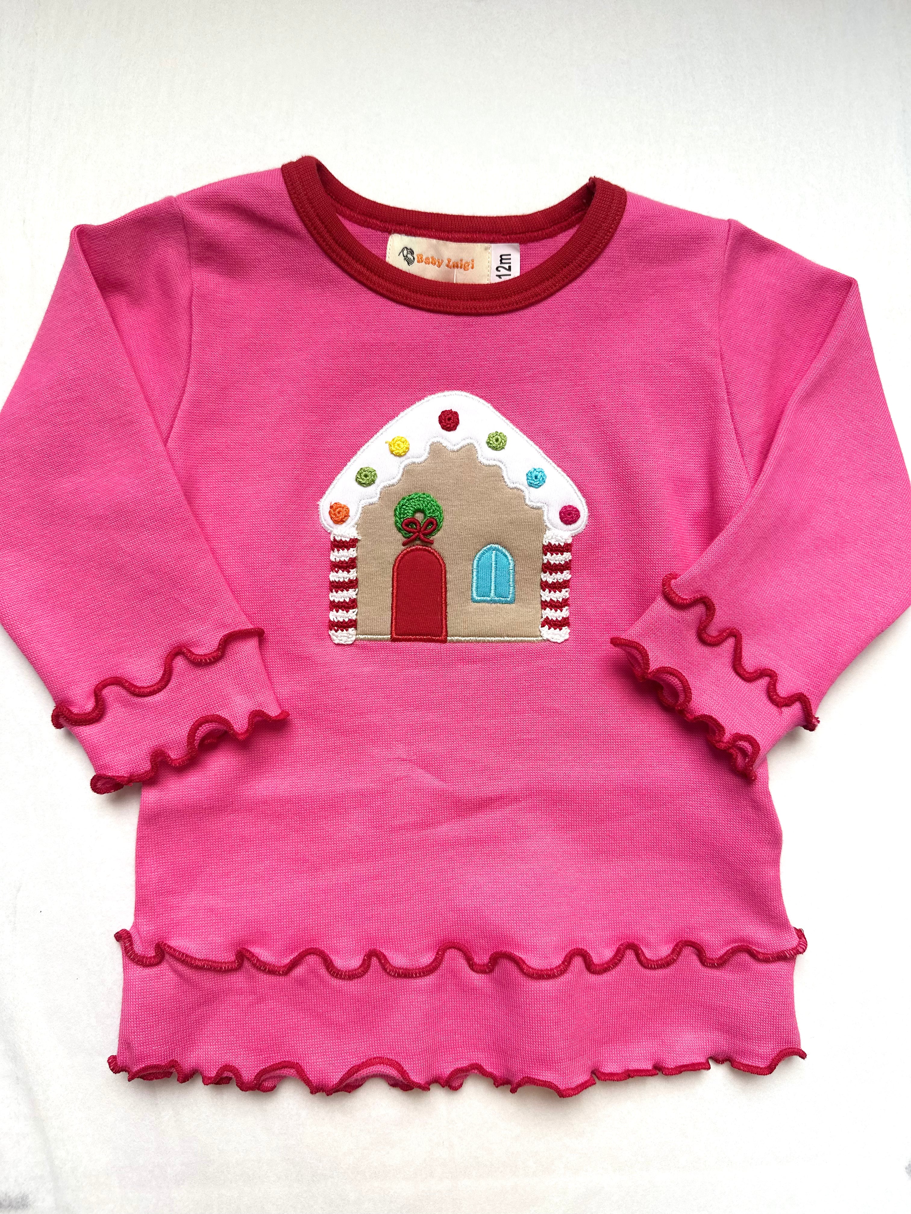 Gingerbread House Pink & Red Double Lettuce Edge Hem Top