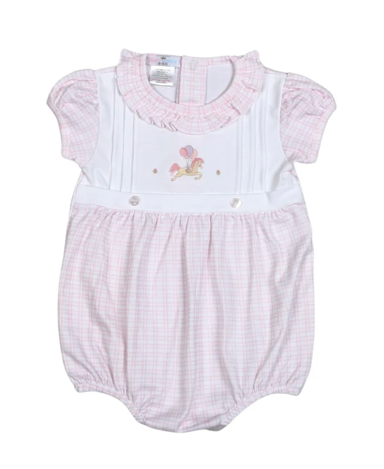 Ride off into sweetness with our Pink The Little Horse Hand Embroidered Pima Bubble. Made with soft, durable fabric and adorned with a playful horse embroidery, this bubble will have your little one galloping with joy. Perfect for playtime or special occasions.