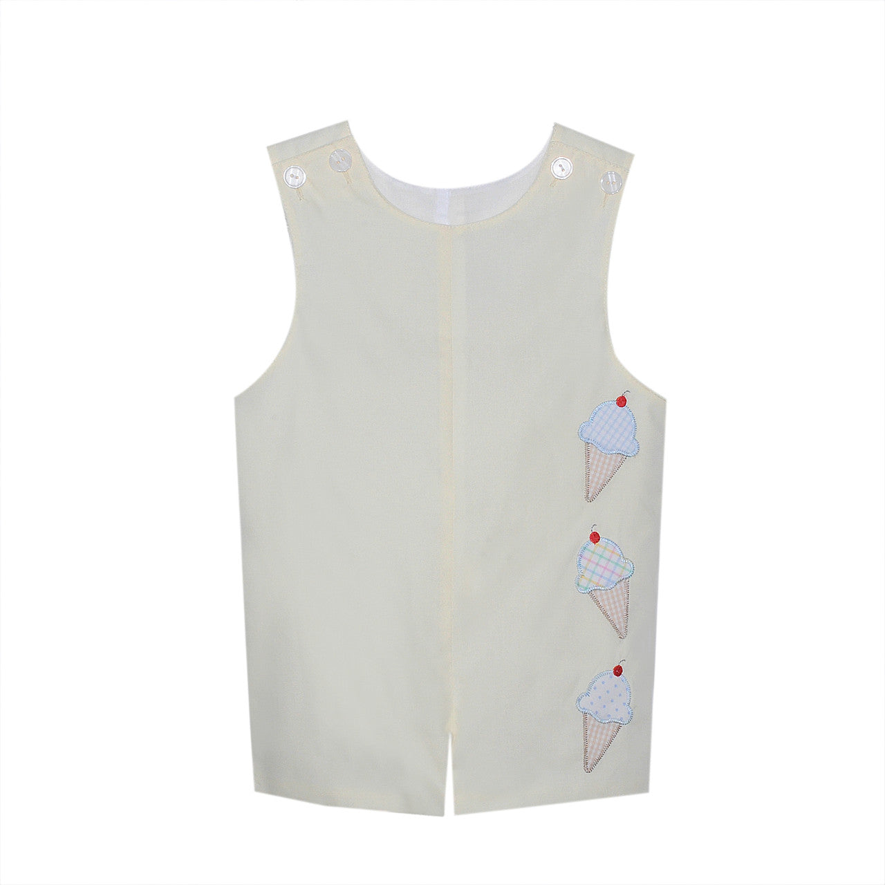Sweeten the season with our Hayes Shortall, embroidered with a trio of colorful ice cream cones on buttery pastel yellow. Designed for your little guy’s warm-weather adventures, this set is crafted in lightweight cotton with easy button straps and inner leg snaps for quick changes. Whether it’s a trip to the park or a birthday bash, this shortall serves up smiles by the scoop.