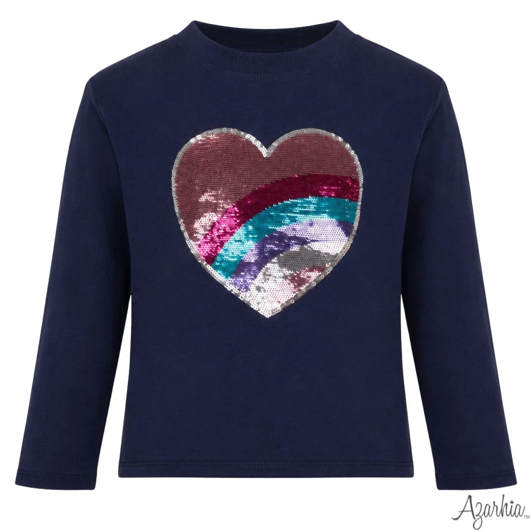Sequin Rainbow Heart Navy Long Sleeve Boxy Tee