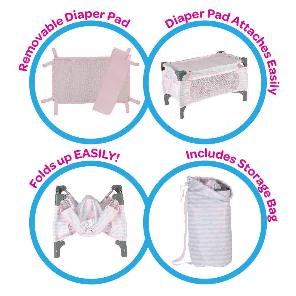 Deluxe Baby Doll Pack-N-Play & Changing Table Set - Pastel Pink Hearts