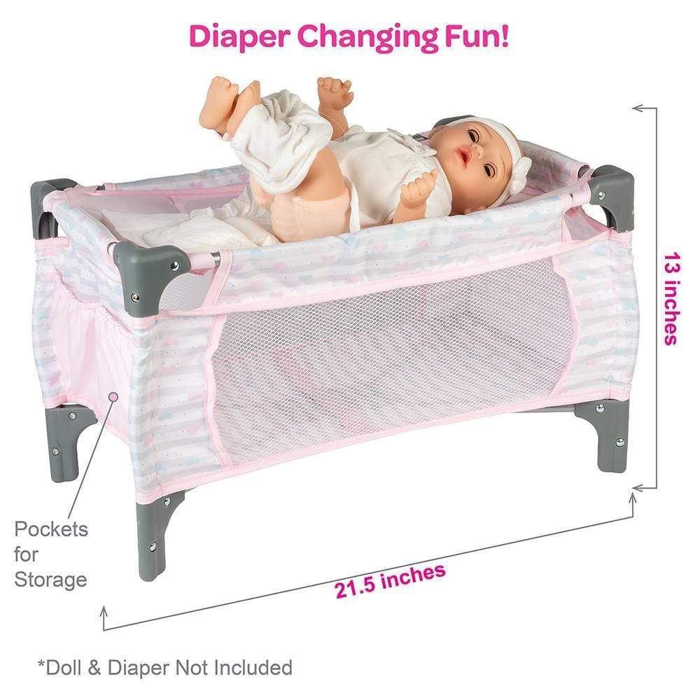 Deluxe Baby Doll Pack-N-Play & Changing Table Set - Pastel Pink Hearts