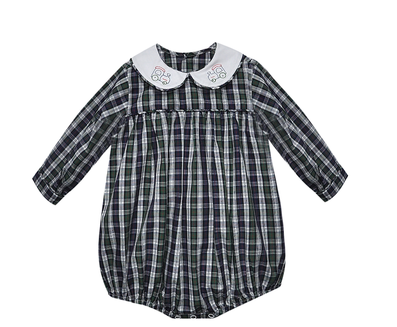 Navy Plaid Sawyer Train Embroidery Bubble