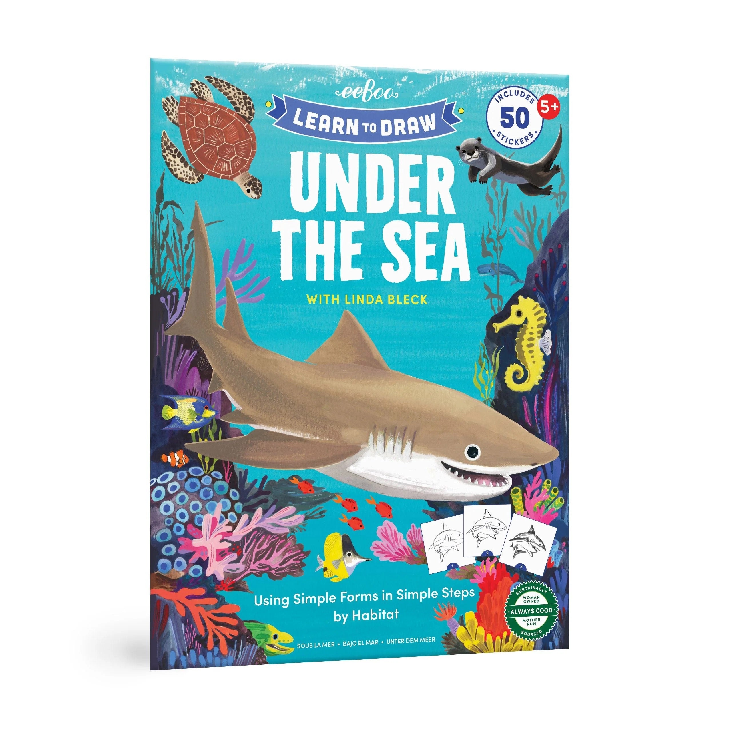 Artist Linda Bleck offers a thoughtfully designed, educational introduction to drawing sea creatures and features of their habitats in sequential steps. Sections are organized by ocean habitat: reef, open ocean, the deep, plus a selection of aquatic mammals. Each section ends with a two-page underwater landscape to populate with the creatures and features you have learned to draw.
• 32 pages of detailed drawing instruction, 50 colorful stickers