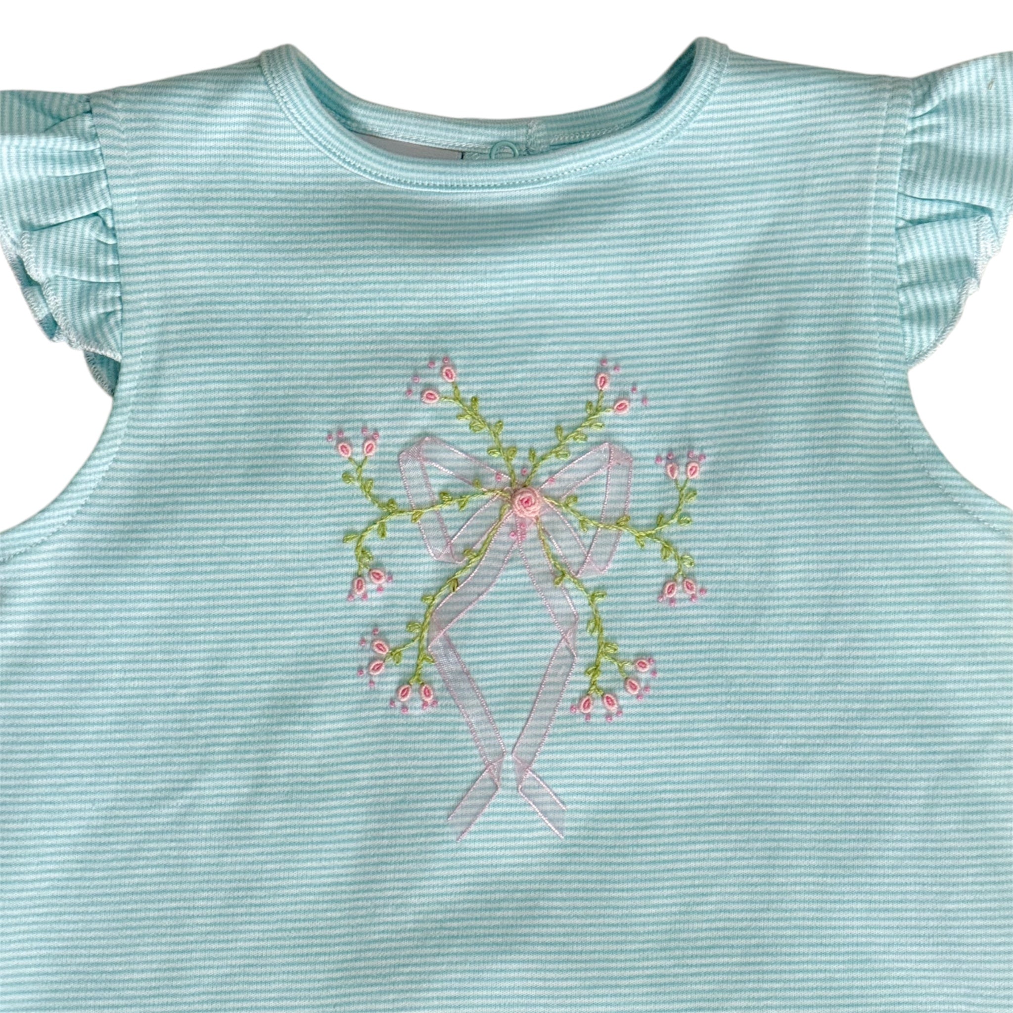 Lace Bow Embroidery Pink & Blue Stripe Short Set