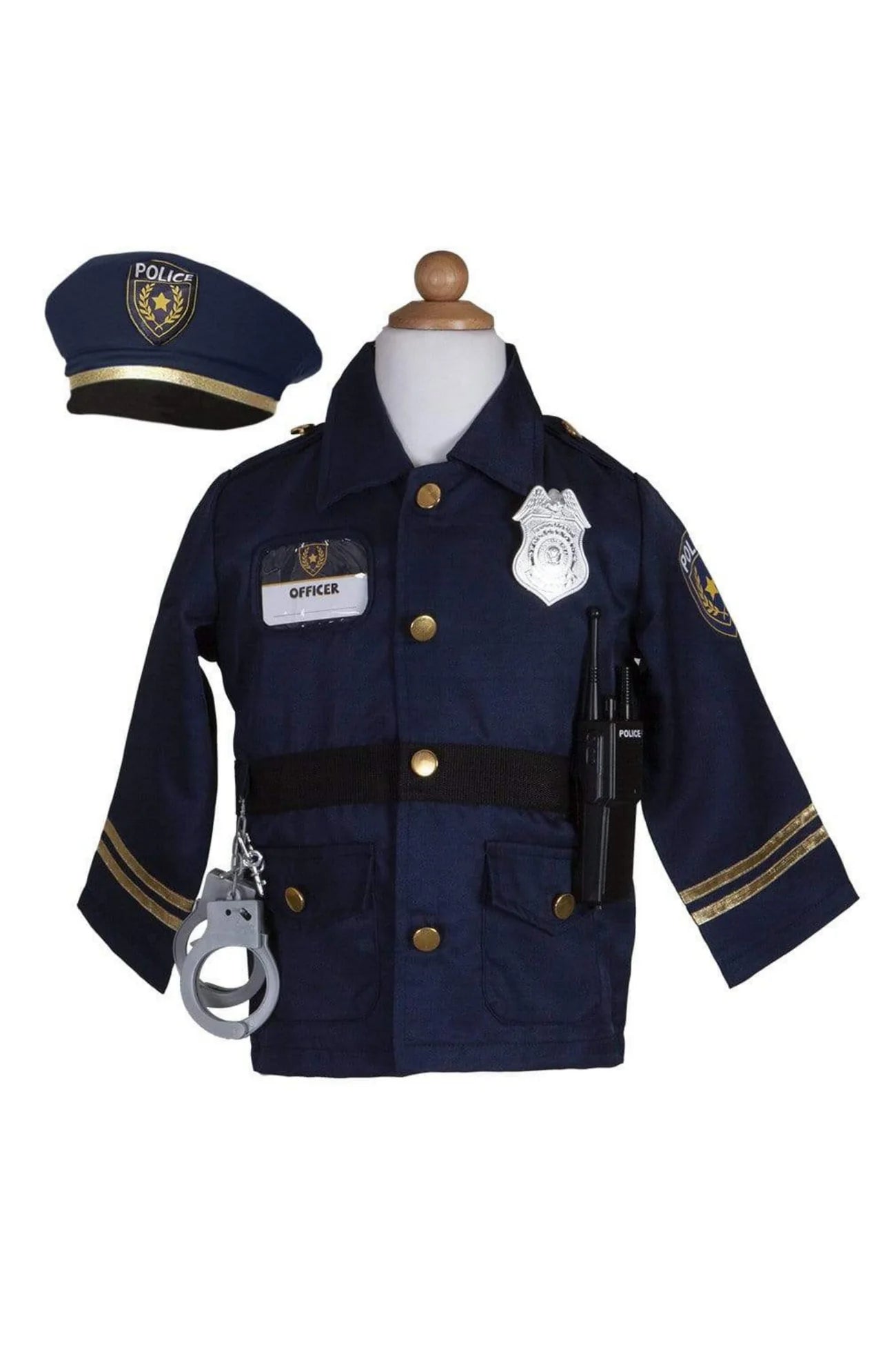 Police officer set includes: Jacket, Hat, Handcuffs, Walkie Talkie, Badge, and Name Badge.