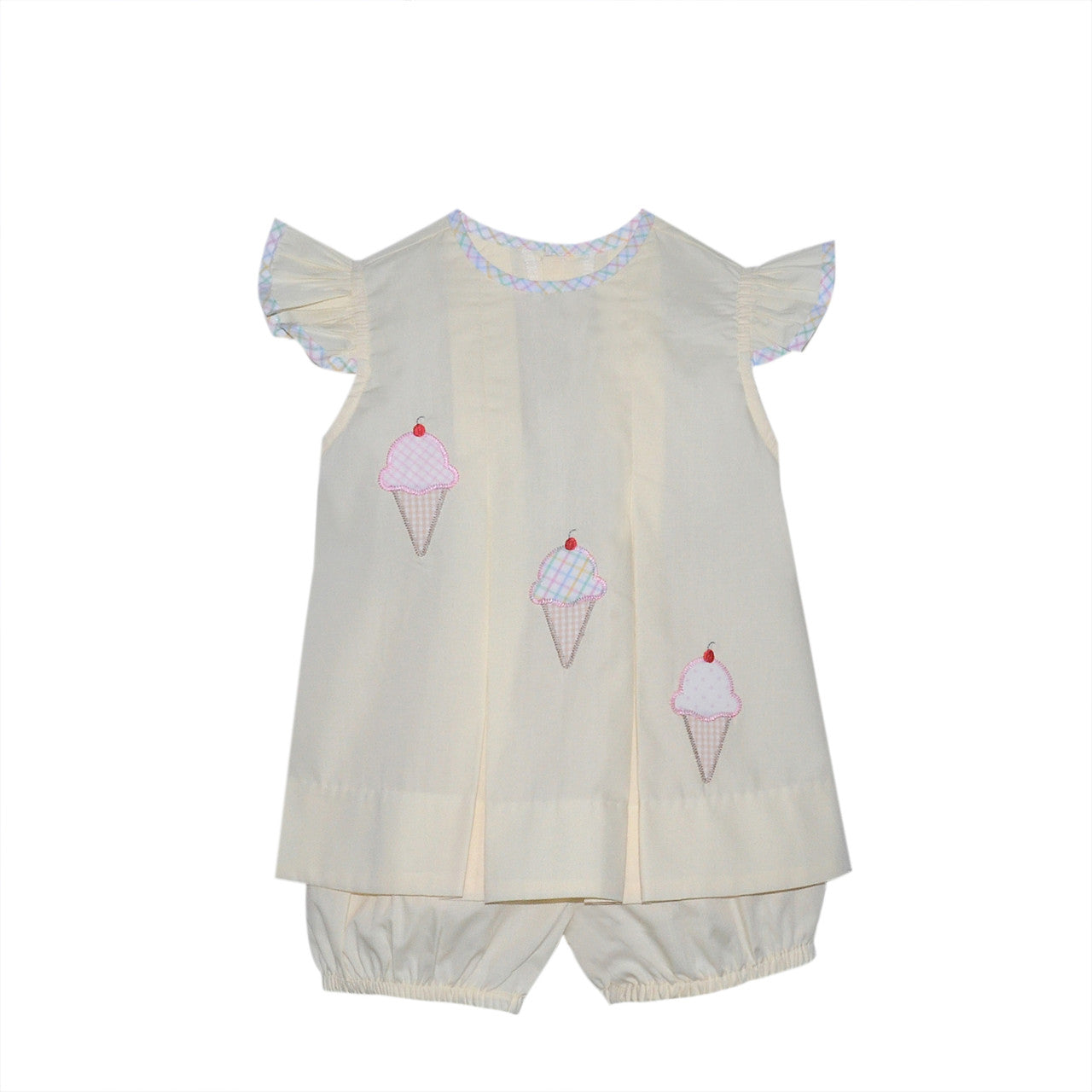 Scoop up something sweet with the Reesee Bloomer Set! This darling outfit features a flutter-sleeve top in pastel yellow, delicately embroidered with adorable ice cream cones in soft sherbet shades. Paired with matching bloomers for an easy, breezy outfit that’s as cute as it is comfy. A must-have for the girly girl who loves sprinkles and sunshine.