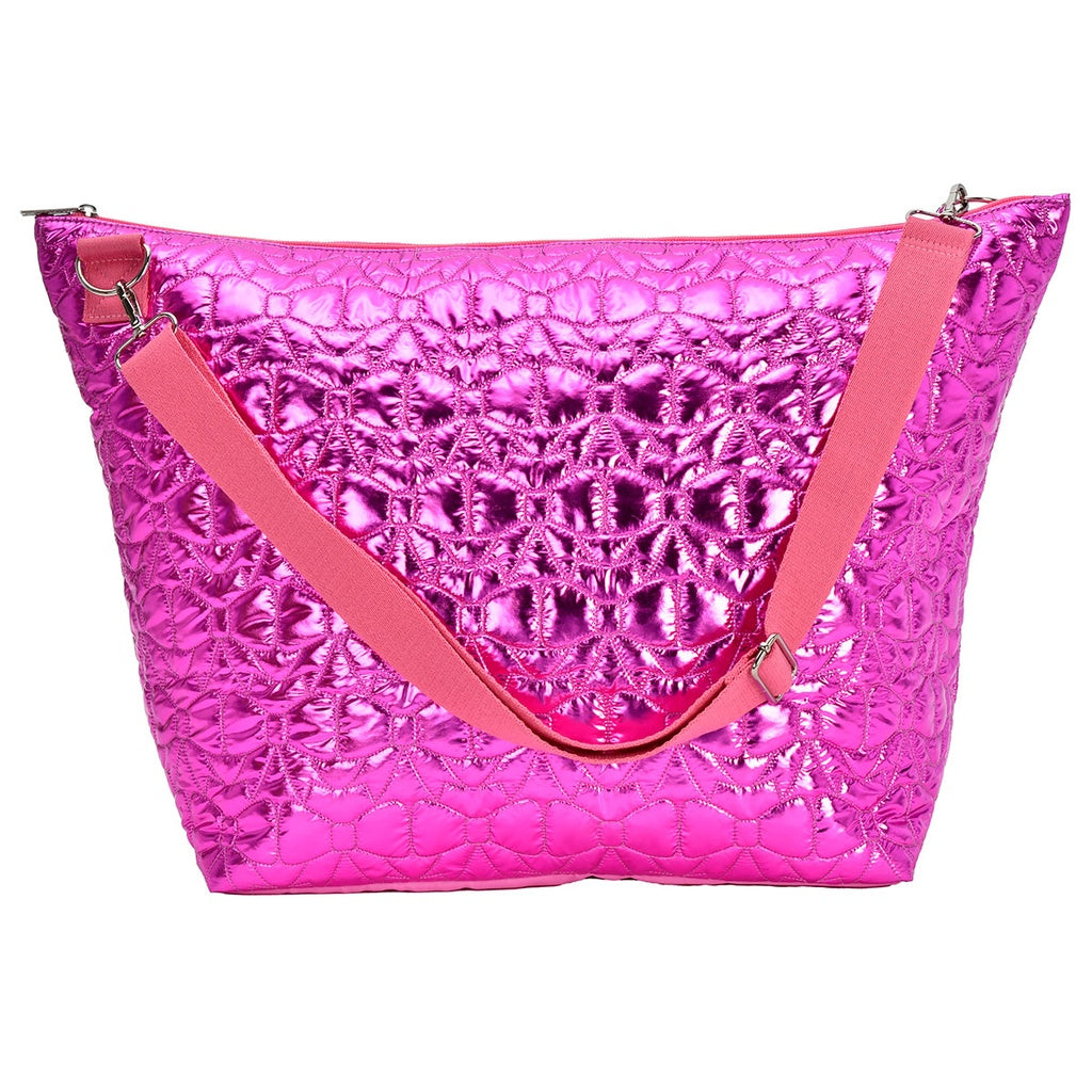 Make a statement with the Shining Bows Puffy Weekender Bag! Perfect for young to teenage girls, this hot pink bag is not only stylish but also great for traveling, dance, or other activities. Stay ahead of the game with this fun and functional bag.