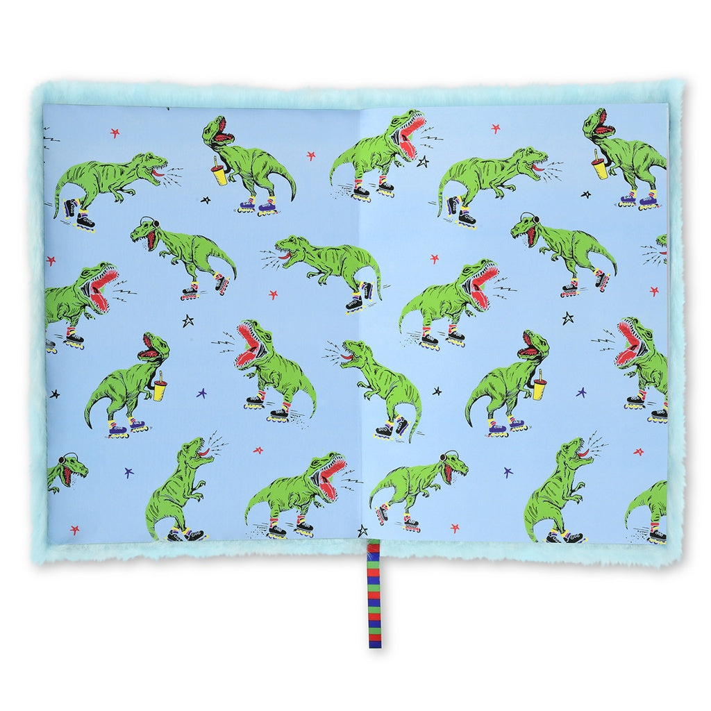 Introducing the Skating Dinosaur Furry Journal by Iscream. Perfect for young teens who love all things dinosaur, this luxurious journal boasts a furry cover with intricate embroidery. With 160 colorful lined pages, this bookbound journal is the perfect place for them to record their thoughts and dreams. Measures 6 1/4" W x 8 1/2" H. Unleash their creativity with this exclusive journal.