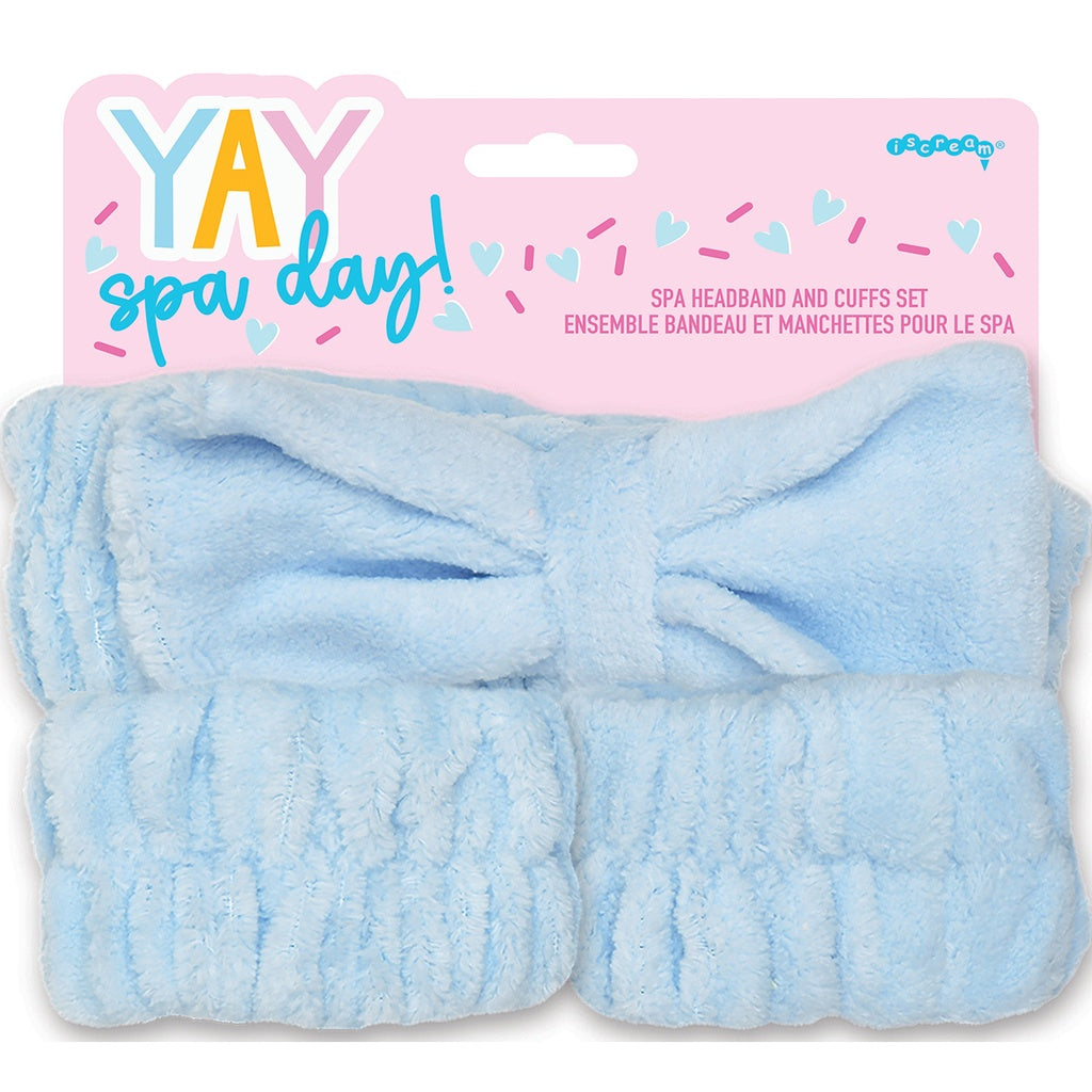 Pamper yourself in style with our Sprinkle Spa Day Headband and Cuff Set by Iscream. Made with soft chenille material, this set includes 1 headband and 2 cuffs, providing ultimate comfort during your spa day. Measuring 7" w x 7 1/4" h, it&