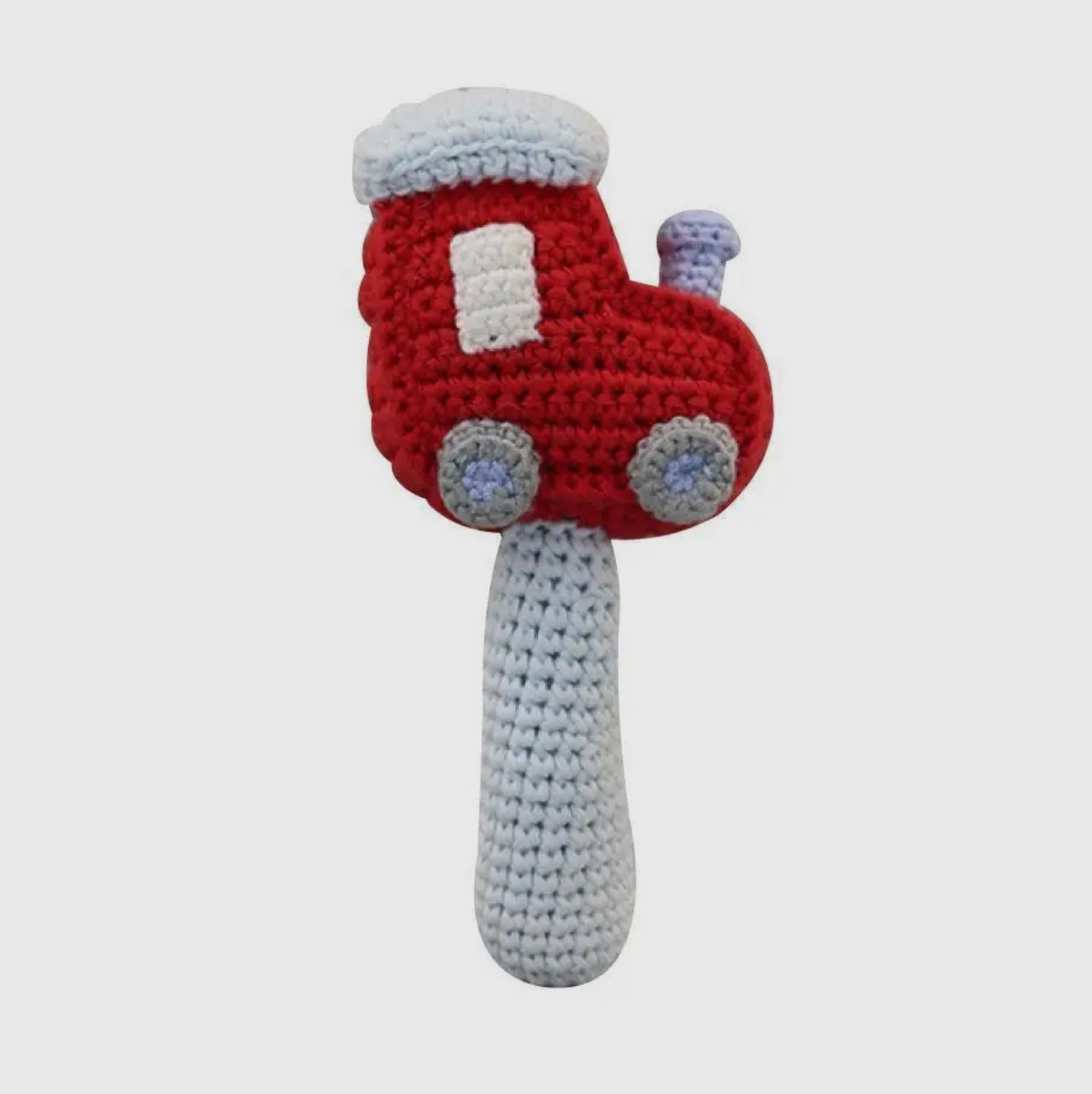 Timmy the Train crochet stick rattle loves to shake and rattle!
This crochet train baby rattle is handmade using yarns that are spun from 100% bamboo fibers that are super soft and naturally antimicrobial and sustainable, making a toy that is safe for infants and newborns.