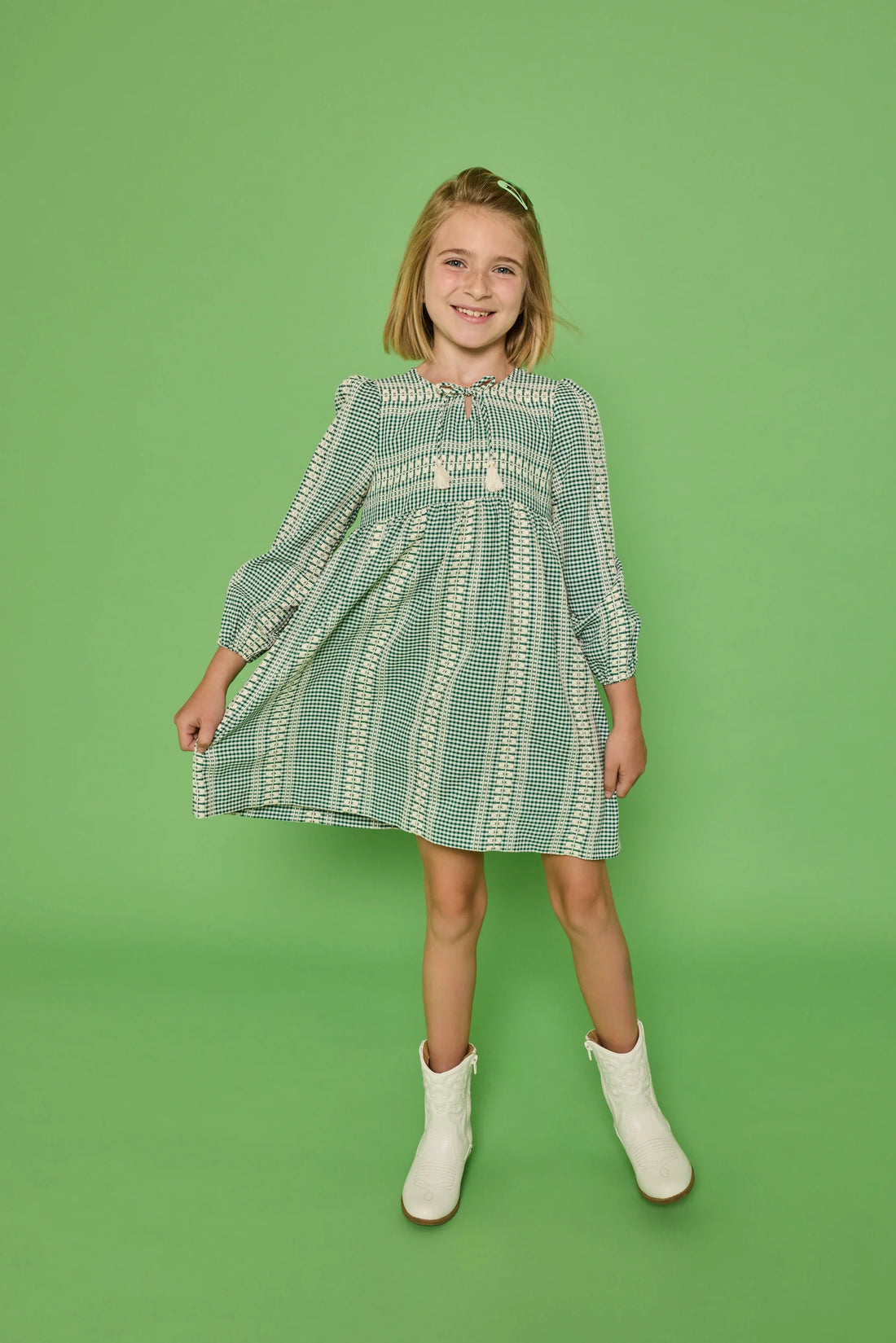 Long Sleeved Riviera Dress - Geneva Gingham Green