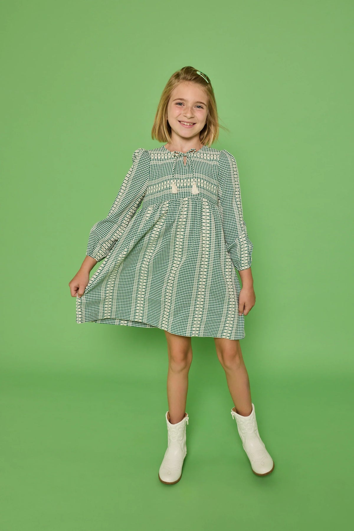 Long Sleeved Riviera Dress - Geneva Gingham Green