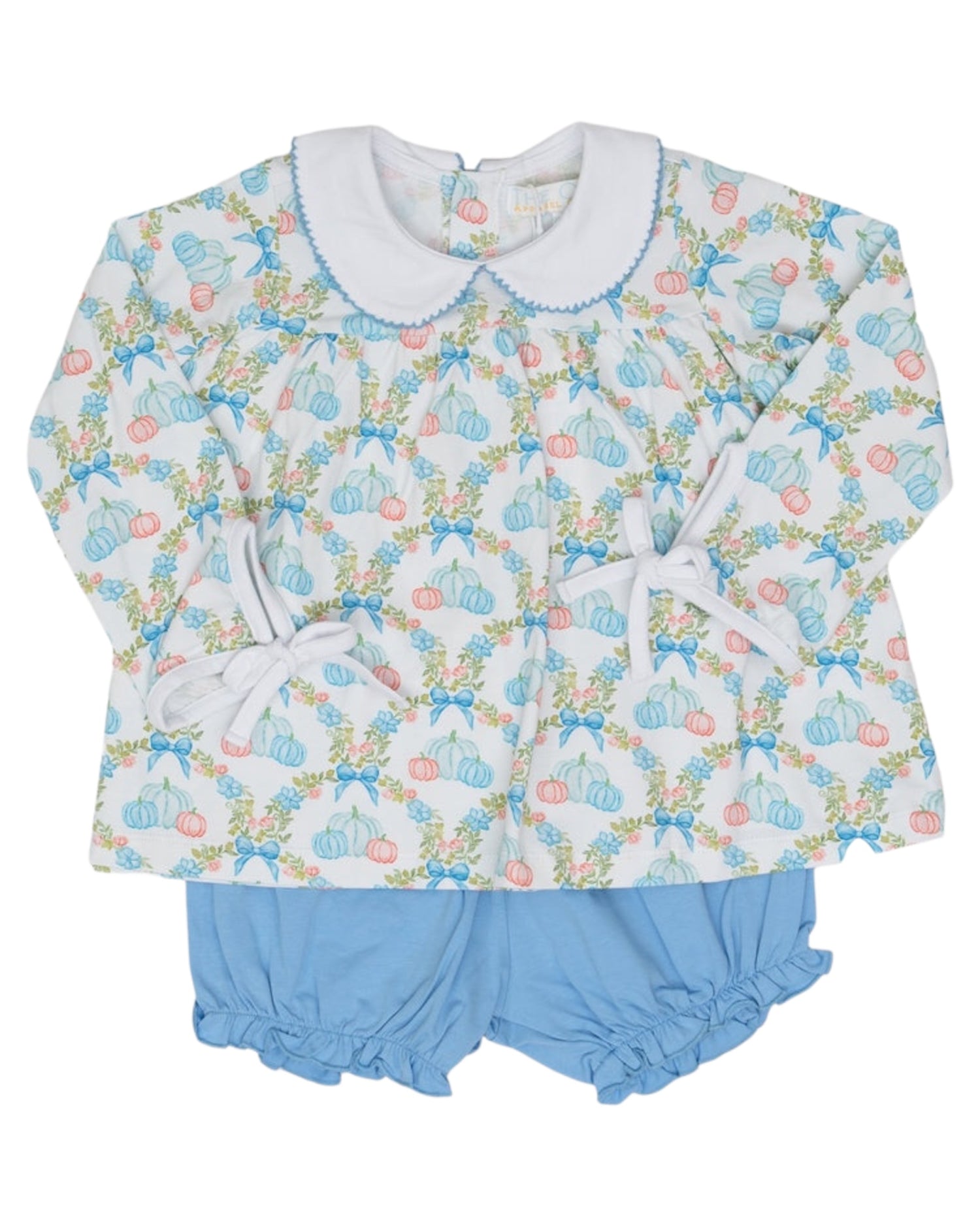 Get ready for pumpkin season with the Mary Charlotte Pumpkin Bow Bloomer Set. This best-selling set features a sweet new print and is perfect for pumpkin patch adventures. Say hello to Fall in style! Coordinates with the Presly Kait Pumpkin Bow Dress, Mary Reese Pumpkin Bow Dress, and the Pumpkin Bow Sweatshirt!
For best results, wash on gentle and lay flat to dry. 
