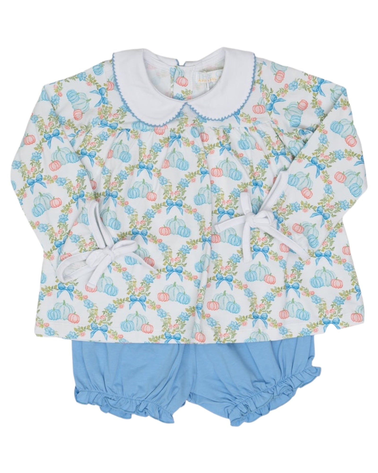 Get ready for pumpkin season with the Mary Charlotte Pumpkin Bow Bloomer Set. This best-selling set features a sweet new print and is perfect for pumpkin patch adventures. Say hello to Fall in style! Coordinates with the Presly Kait Pumpkin Bow Dress, Mary Reese Pumpkin Bow Dress, and the Pumpkin Bow Sweatshirt!
For best results, wash on gentle and lay flat to dry. 
