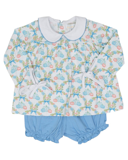 Get ready for pumpkin season with the Mary Charlotte Pumpkin Bow Bloomer Set. This best-selling set features a sweet new print and is perfect for pumpkin patch adventures. Say hello to Fall in style! Coordinates with the Presly Kait Pumpkin Bow Dress, Mary Reese Pumpkin Bow Dress, and the Pumpkin Bow Sweatshirt!
For best results, wash on gentle and lay flat to dry. 
