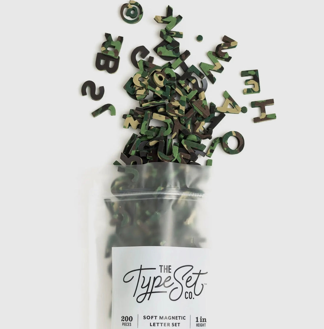 Our Confetti Letters - Camo Edition is a vibrant, limited-run product being discontinued. Made from soft EVA foam, each 1" marbled letter blends six colors to create a stunning camouflage effect. Each set contains 200 pieces, perfect for educational fun or creative projects.