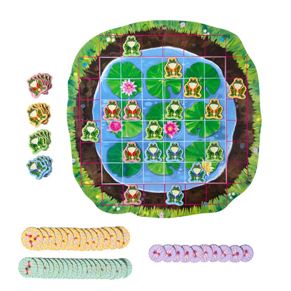 A simple, satisfying game of spatial intelligence and strategic blocking. Players take turns placing and hopping their own frogs to earn dragonflies. Easy instructions and scalable rules engage the whole family for any level of play.