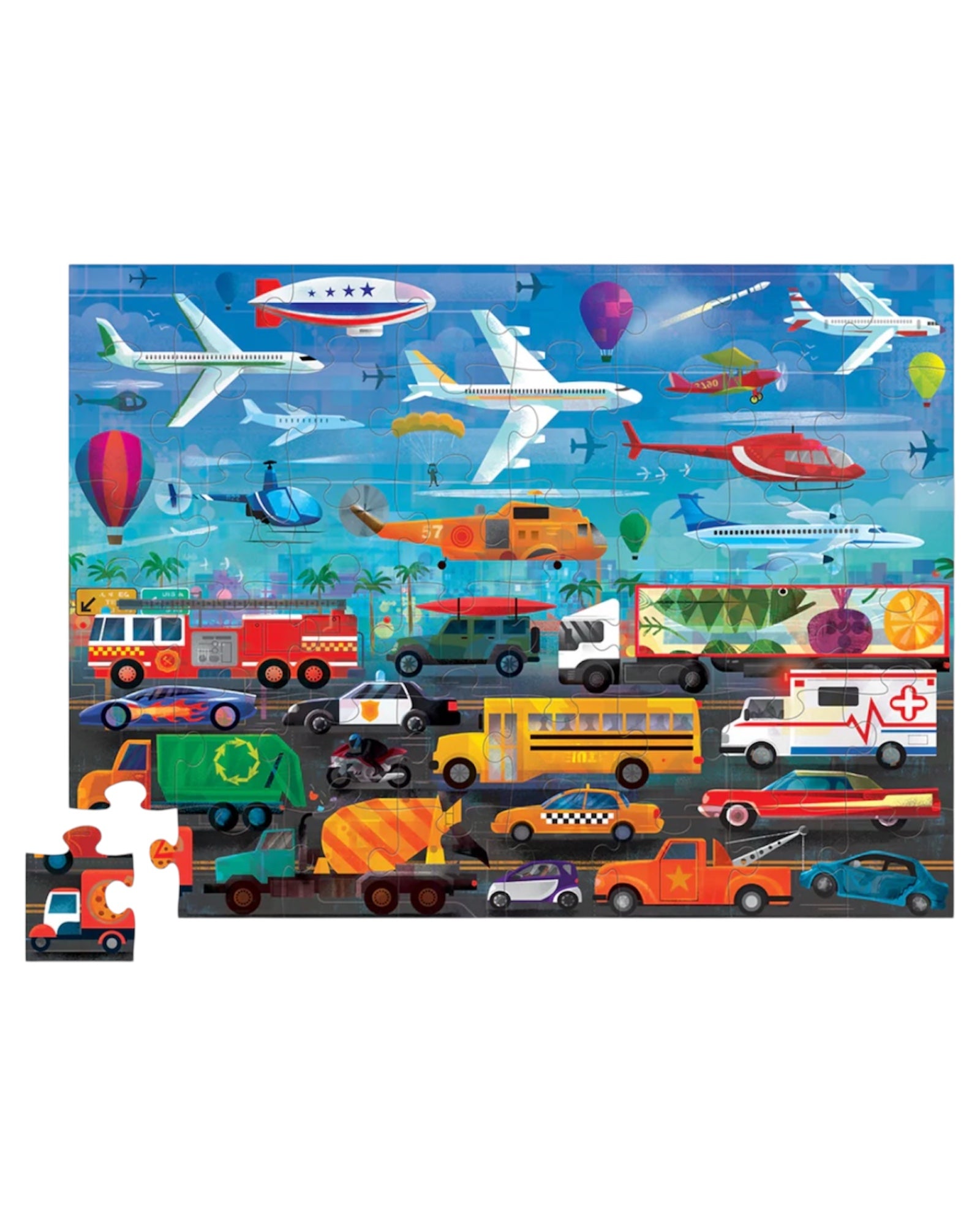 Kids love Opposites! A wonderful large 48 piece floor puzzle sure to delight the children in your world. Our Things that Go puzzle prevents a fascinating array of vehicles that fly above in the sky and those below that fill the streets and highways in our worlds. Kids will have great fun trying to recognize and name the different vehicles....helicopters, blimps, hot air balloons and airplanes...school buses, fire engines, police cars and tow trucks.