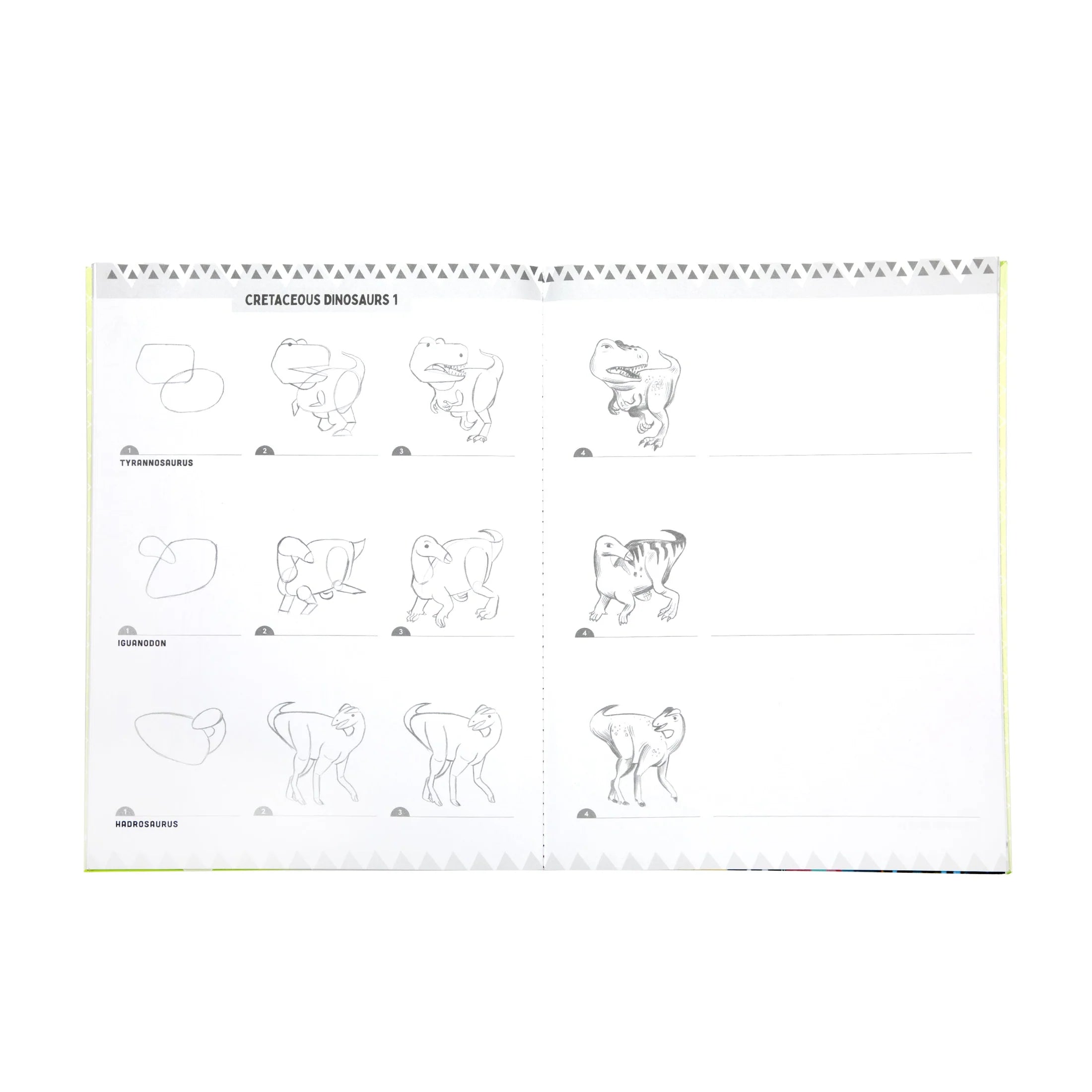 A thoughtfully designed introduction to drawing dinosaurs in sequential steps. Sections are organized by geological period, each ending with a two-page landscape spread for you to populate with the creatures and prehistoric plants you have learned to draw!