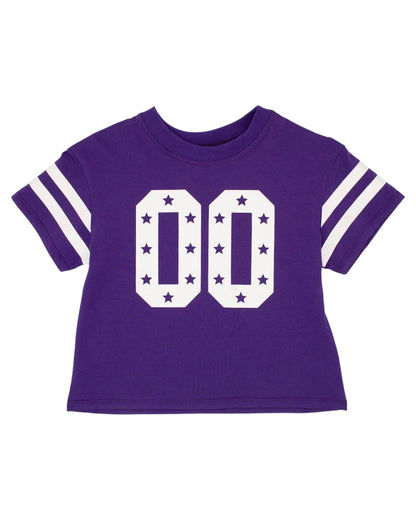 Show your team spirit in style with the Azarhia Glitter Double 00 Stars Boxy Purple Gameday Tee. This playful purple tee features a sparkling double 00 glitter design on the chest, adding a fun and eye-catching touch to your game day outfit. Its boxy fit keeps you comfortable and cool while cheering on your favorite team. Perfect for fans who want to shine bright in the stands!

95% cotton 5% spandex
Machine wash with like colors, Do not bleach, Tumble dry low. 