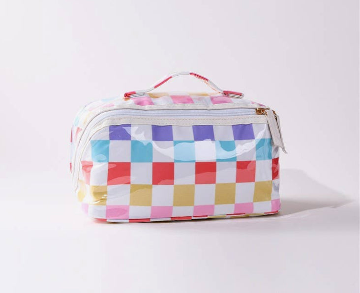 Checker Striped Open Flat Cosmetic Makeup Pouch