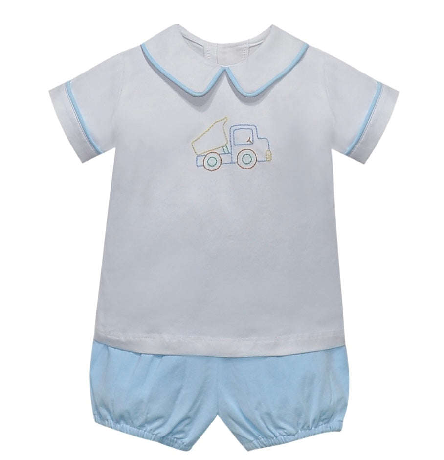Beep beep! Make way for the Aubrey Bloomer Set! Your little boy will look absolutely adorable in this playful ensemble featuring a crisp white top with blue piping and matching blue bloomer shorts. The embroidered dump truck adds that perfect touch of fun for your tiny construction enthusiast. Ready for adventures from sandbox to family photos!