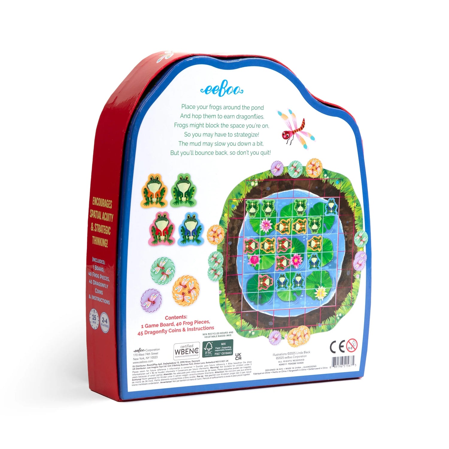 A simple, satisfying game of spatial intelligence and strategic blocking. Players take turns placing and hopping their own frogs to earn dragonflies. Easy instructions and scalable rules engage the whole family for any level of play.