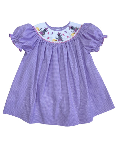 Smocked Halloween Cat Lavender Dress