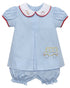 This charming Sydney Blue Bloomer Set is perfect for first day of school adventures. Featuring an embroidered pencil and apple on the classic Peter Pan collar, plus a delightful embroidered school bus detail, it combines playful style with timeless design. Ideal for making memorable school moments even sweeter.