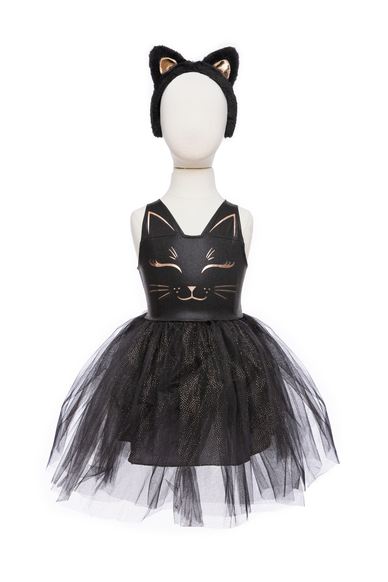 Our new Black Cat Dress &amp; Headband is the purrfect ensemble for your little feline aficionado! The dress features a sleek black design adorned with a charming cat face printed in shimmering rose gold on the chest. Its skirt dazzles with golden heat-sealed sparkles, adding a touch of glamour to every twirl. And what&
