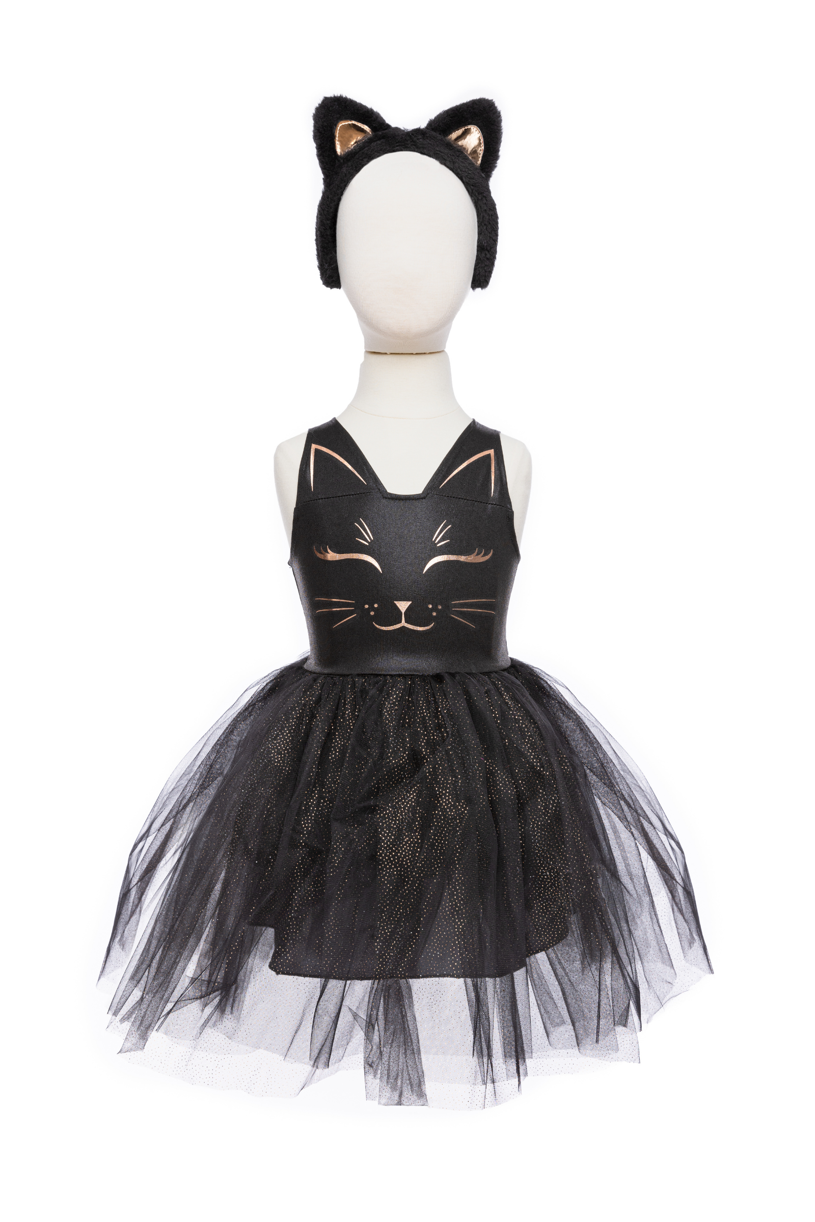 Our new Black Cat Dress &amp; Headband is the purrfect ensemble for your little feline aficionado! The dress features a sleek black design adorned with a charming cat face printed in shimmering rose gold on the chest. Its skirt dazzles with golden heat-sealed sparkles, adding a touch of glamour to every twirl. And what&