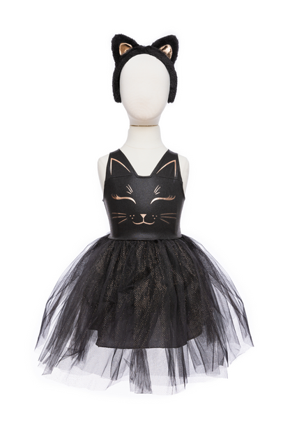 Our new Black Cat Dress &amp; Headband is the purrfect ensemble for your little feline aficionado! The dress features a sleek black design adorned with a charming cat face printed in shimmering rose gold on the chest. Its skirt dazzles with golden heat-sealed sparkles, adding a touch of glamour to every twirl. And what&