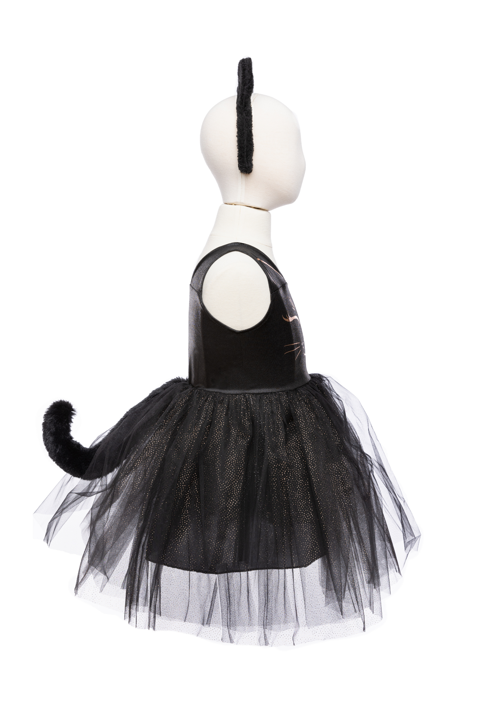 Our new Black Cat Dress &amp; Headband is the purrfect ensemble for your little feline aficionado! The dress features a sleek black design adorned with a charming cat face printed in shimmering rose gold on the chest. Its skirt dazzles with golden heat-sealed sparkles, adding a touch of glamour to every twirl. And what&