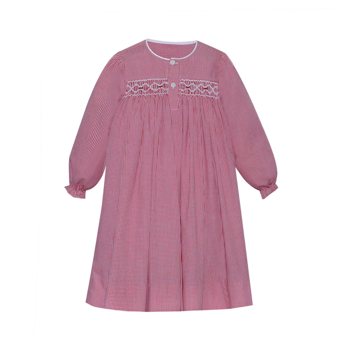 She will be ready for sweet dreams in this precious red gingham sleeping gown. Accented with hand embroidered smocking with white and red stitching.

Ruffle wrist detail
Smocking with hand stitched detail on chest
Back Button closure 
Machine Washable 
Imported