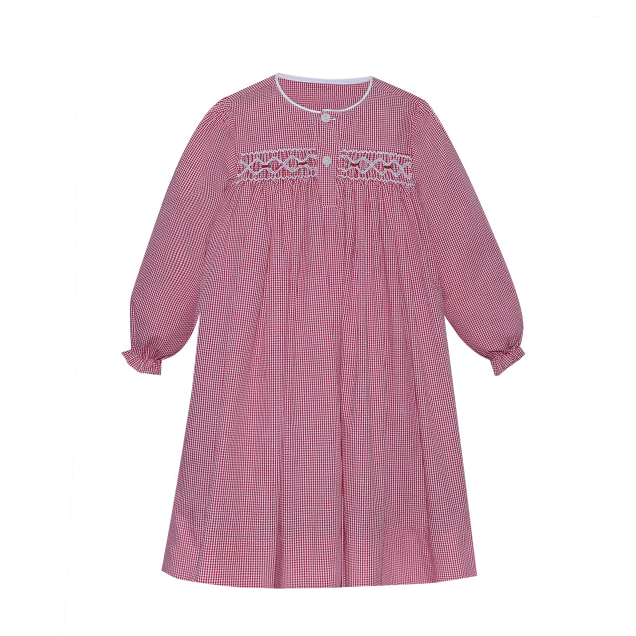 She will be ready for sweet dreams in this precious red gingham sleeping gown. Accented with hand embroidered smocking with white and red stitching.

Ruffle wrist detail
Smocking with hand stitched detail on chest
Back Button closure 
Machine Washable 
Imported