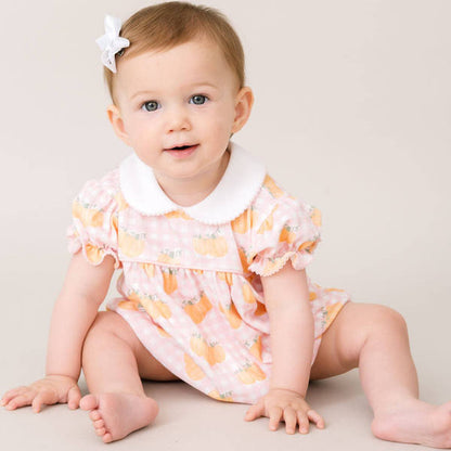 Create picture-perfect moments with the Lullaby Set classic Charleston Bubble in our woven custom Little Pumpkins with Pensacola Pink piping and ric rac trim. Your little girl will be halloween-ready.