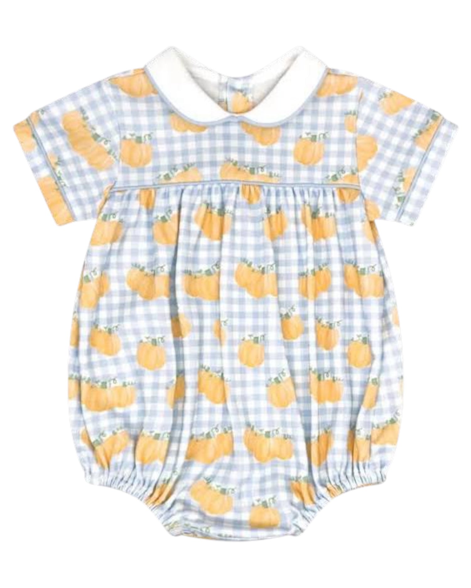 Our Lullaby Set classic Covington Bubble is now available in our custom woven Little Pumpkins with Buffton Blue piping and blue picot trim. This sweet boy&