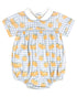 Our Lullaby Set classic Covington Bubble is now available in our custom woven Little Pumpkins with Buffton Blue piping and blue picot trim. This sweet boy&