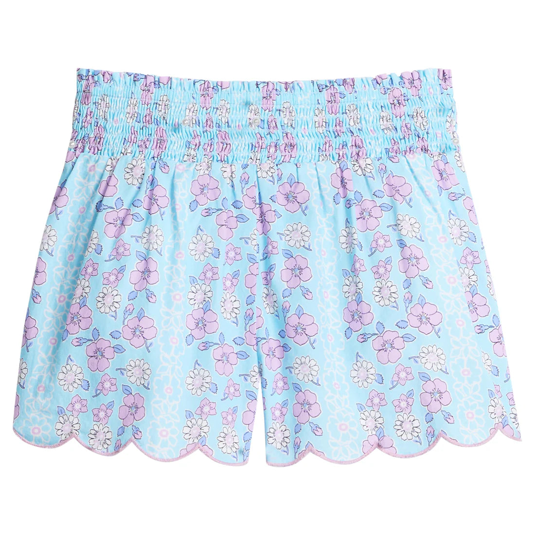 Shirred Scallop Shorts - Marguerite Floral Aqua