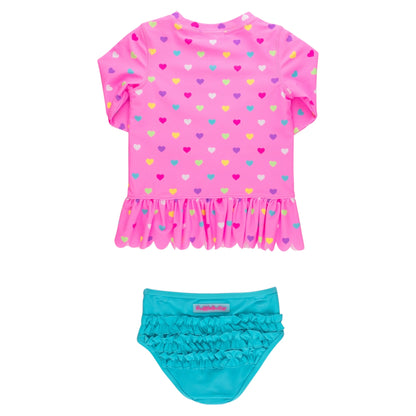 Scallop Hem Long Sleeve Rash Guard 2-Piece, With Signature Rear Ruffles