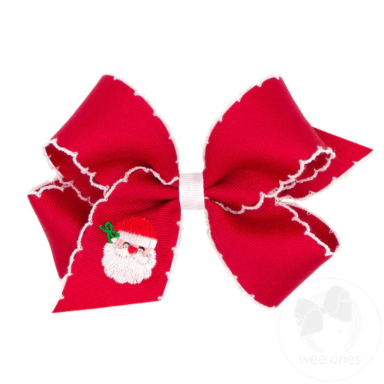 Medium Grosgrain Hair Bow with Moonstitch Edge and Santa Embroidery