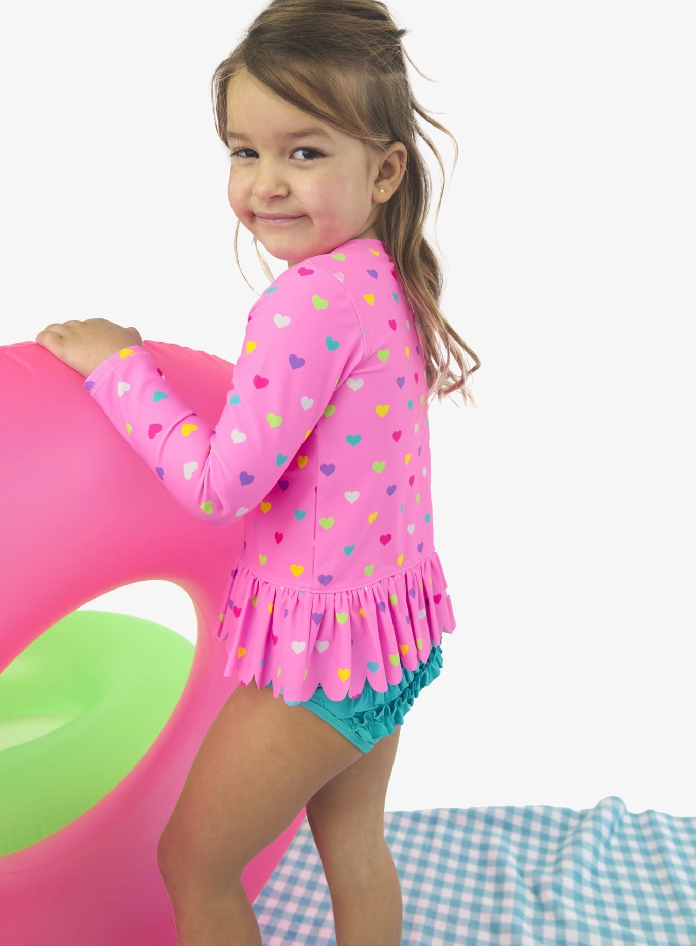 Scallop Hem Long Sleeve Rash Guard 2-Piece, With Signature Rear Ruffles